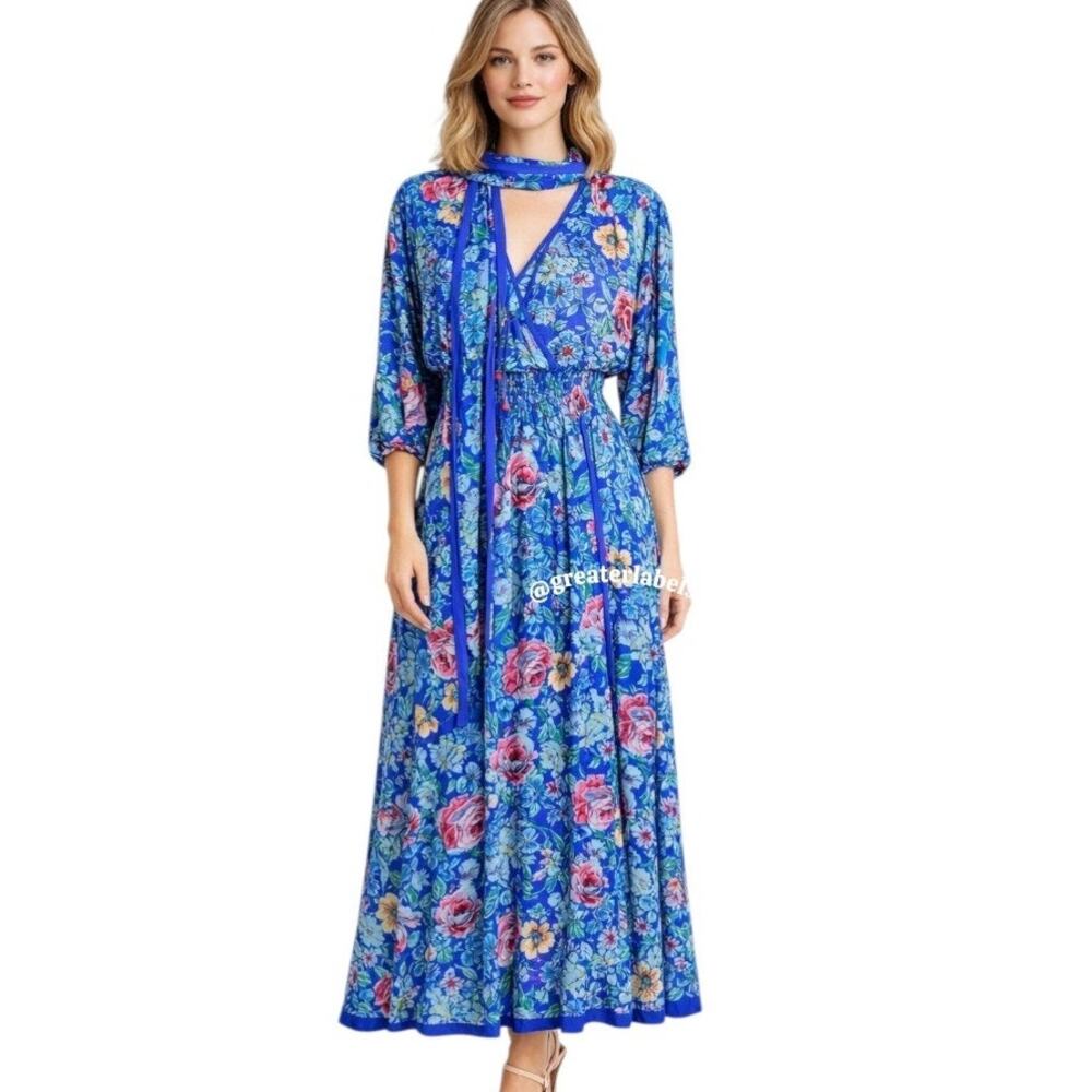 Diane Freis Vintage '80s Beaded Blue Floral Silk V-Neck Midi Dress w/Sash M/L